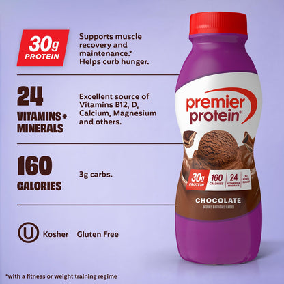 Premier Protein Shake, Batido Nutricional de Chocolate, 12 Piezas de 349 ml, 30g de Proteína por Porción, Bajo en Azúcar, Sin Gluten.