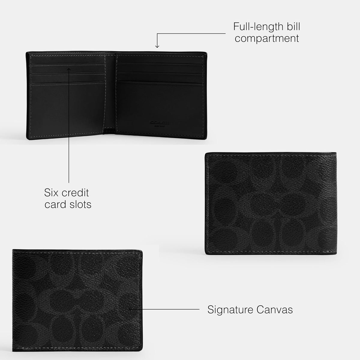 COACH Billetera delgada para hombre, Negro/Carbón Signature, One Size