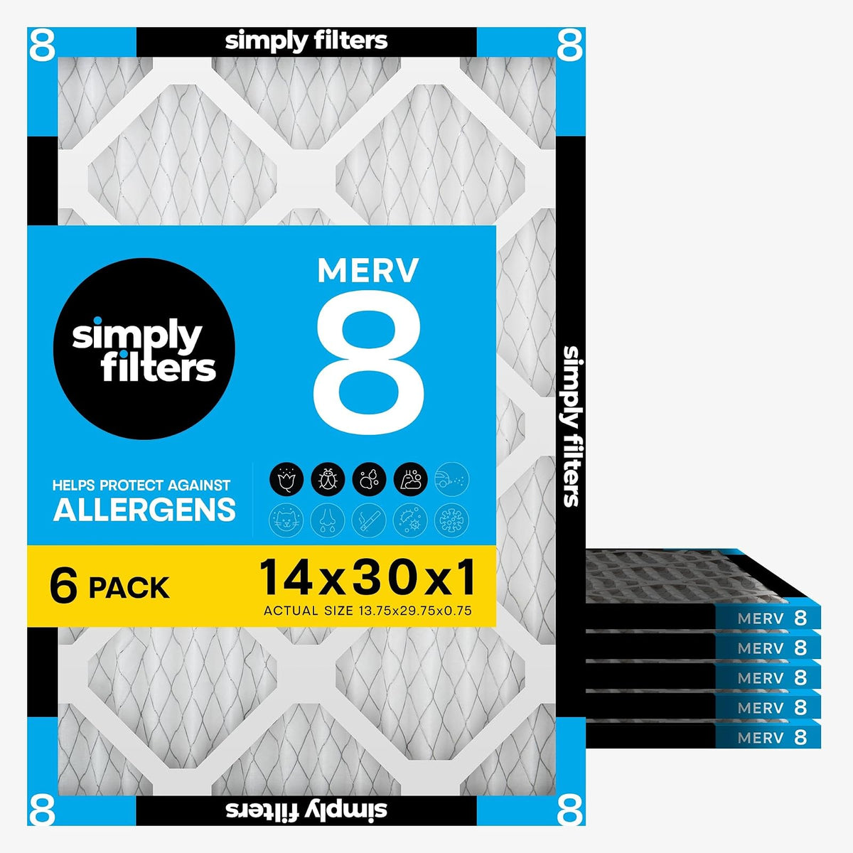 Simply Filtro de aire de 14 x 30 x 1, Merv 8, MPR 600, paquete de 6, para horno de aire acondicionado doméstico y HVAC (tamaño real: 13.7 x 29 x 0.75 pulgadas), control de polvo, mascotas y alergias
