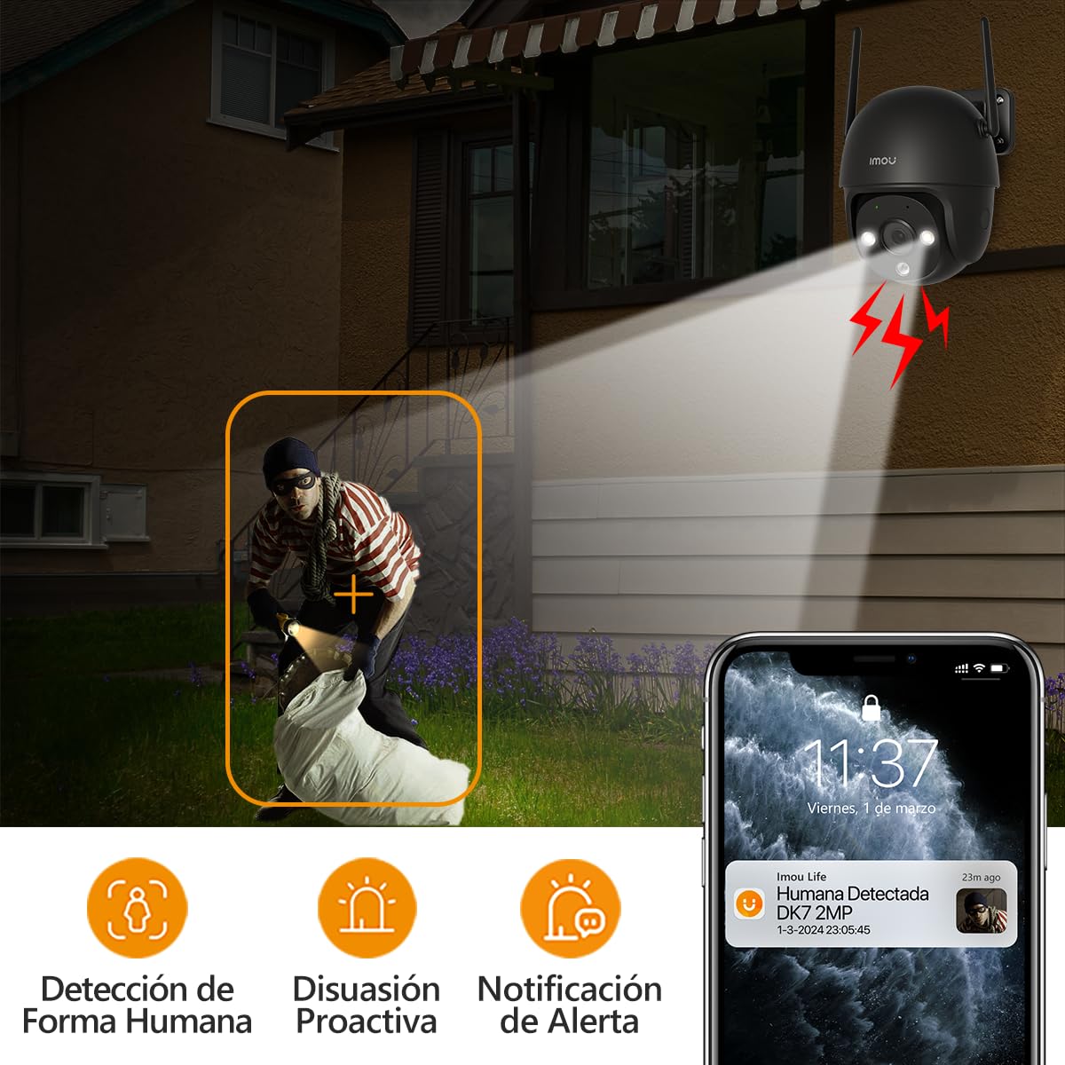 Imou IPC-DK7N Cámara de Seguridad WiFi Exterior 2MP con Visión Nocturna a Color, Detección de Personas, Seguimiento Inteligente y Audio Bidireccional