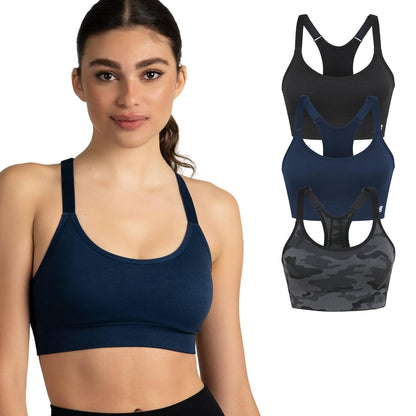 New Balance - Paquete de 3 Brasiers Deportivos sin Costuras para Mujer - CH - Negro - Azul Marino - Azul