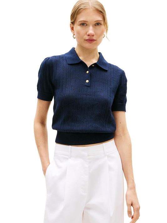 Tommy Hilfiger Short Sleeve Cotton Polo Sweater Pointelle Knit Cropped Polo Shirt with Puff Sleeve Suéter Mujer