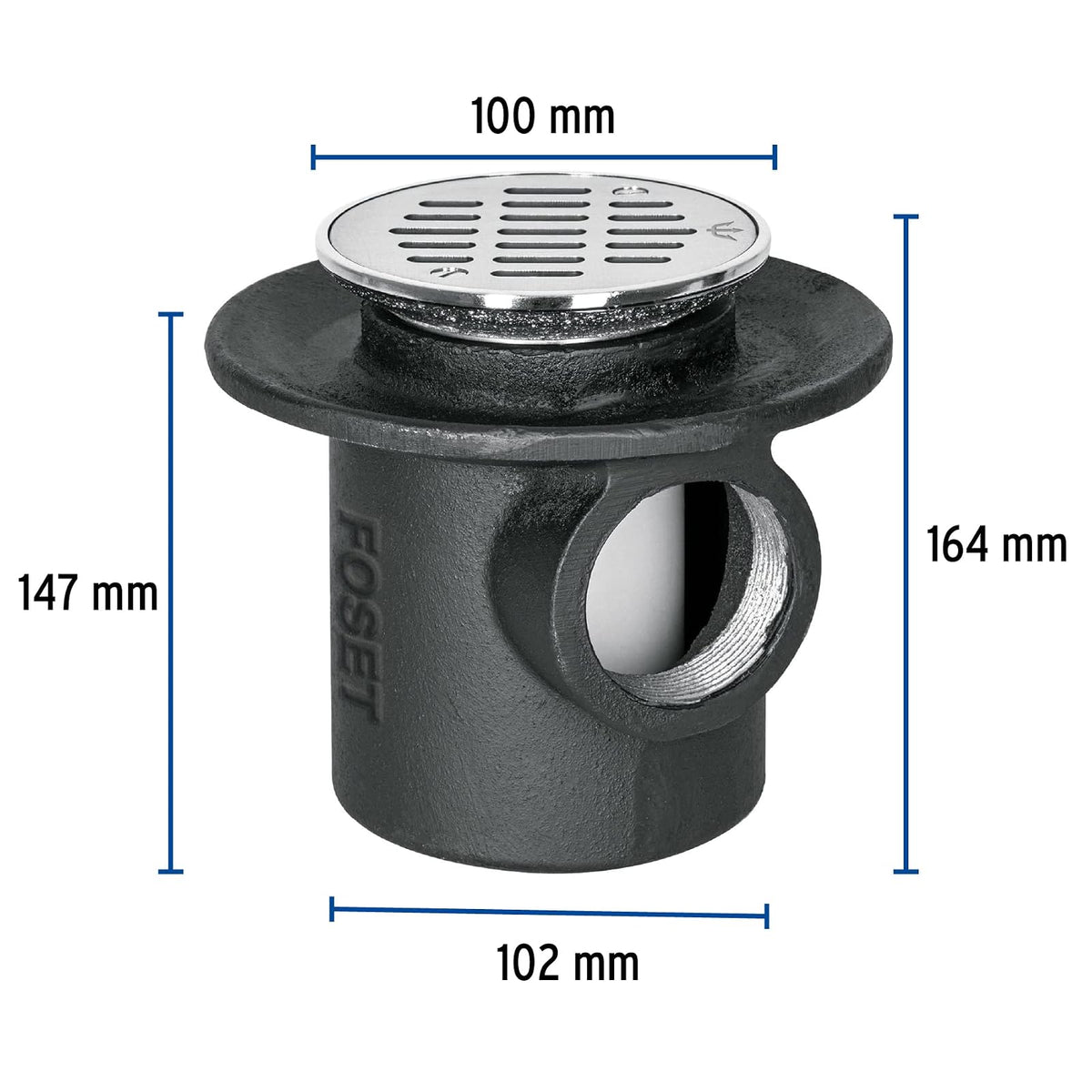 Foset CO-23, Coladera de hierro con salida lateral 2" y rejilla de acero inoxidable 4"