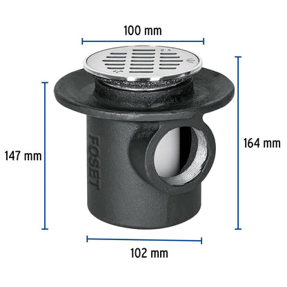 Foset CO-23, Coladera de hierro con salida lateral 2" y rejilla de acero inoxidable 4"