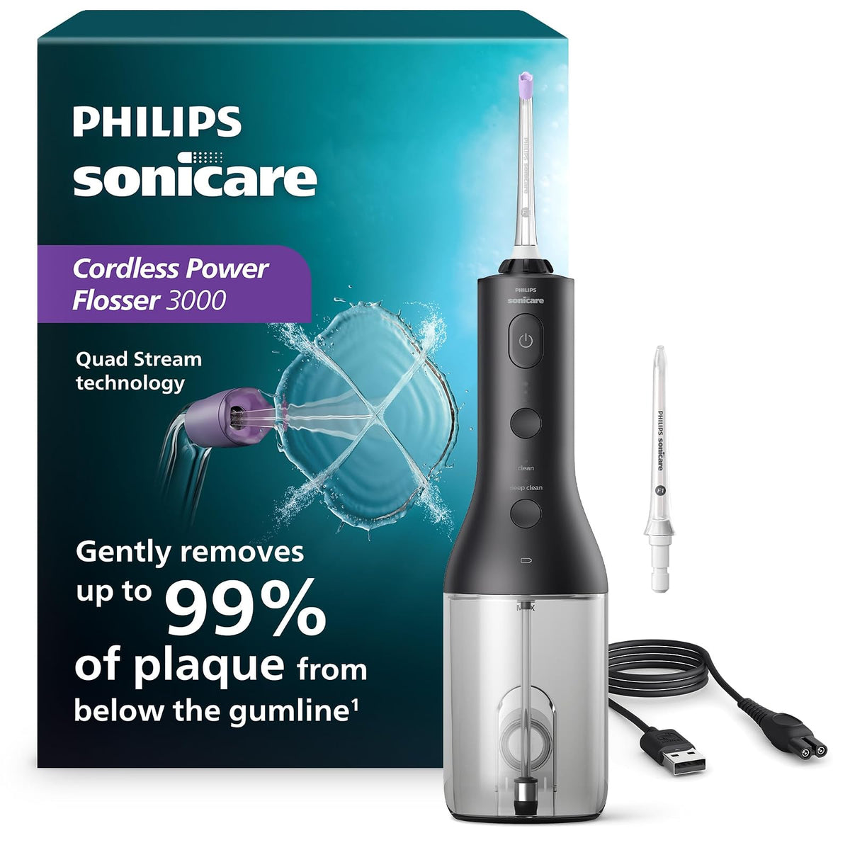 Philips Sonicare Hilo Dental Inalámbrico 3000, Irrigador Oral con Tecnología Quad Stream, 2 Modos y 3 Niveles de Intensidad, Diseño Ergonómico