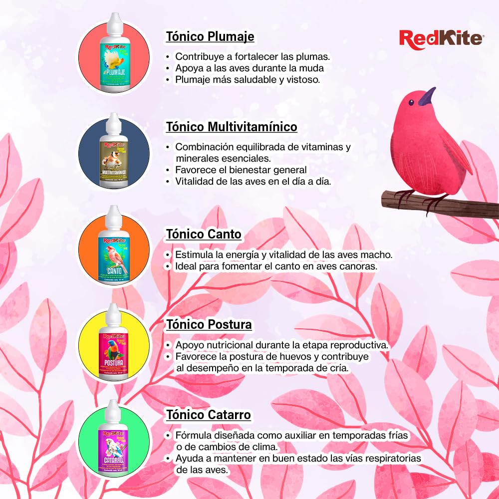 Redkite Tónicos 5 Pack Surtido Canto, Plumaje, Postura, Catarro y Multivitamínico para Aves