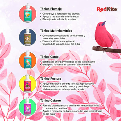 Redkite Tónicos 5 Pack Surtido Canto, Plumaje, Postura, Catarro y Multivitamínico para Aves