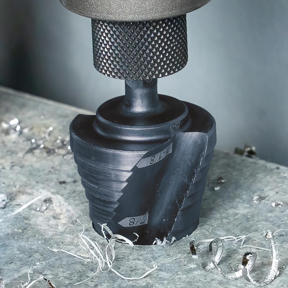 Klein Tools QRST11 Broca escalonada, espiral de liberación rápida, doble fluida, 7/8 a 1-1/8 pulgadas, vástago hexagonal, acero cortado, madera, plástico, aluminio