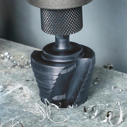 Klein Tools QRST11 Broca escalonada, espiral de liberación rápida, doble fluida, 7/8 a 1-1/8 pulgadas, vástago hexagonal, acero cortado, madera, plástico, aluminio