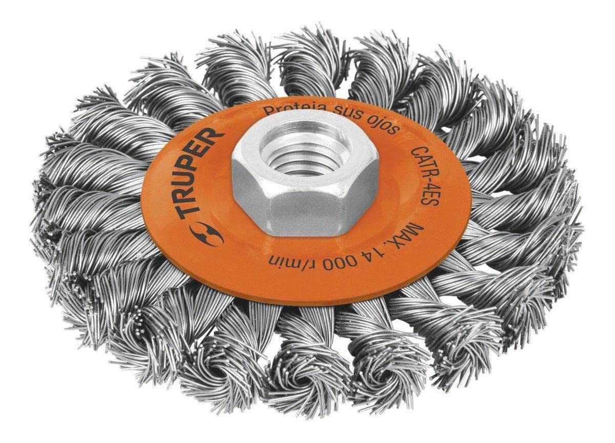 Truper CATR-4ES, Carda para esmeriladora angular, circulares, alambre trenzado, calibre 0.5 mm, 4" - 4" - M14