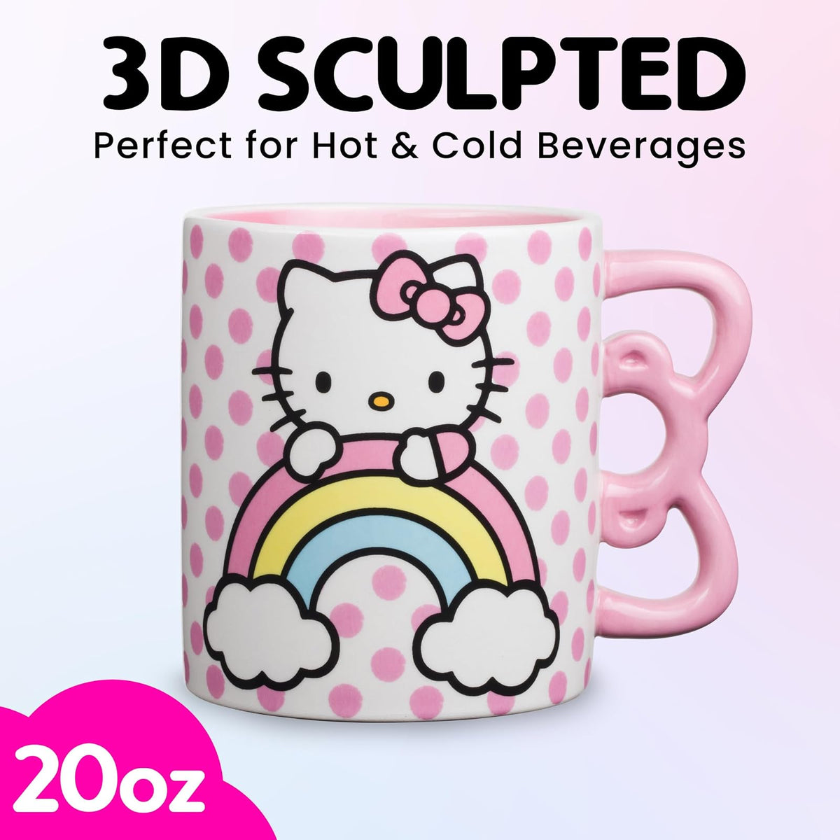 Silver Buffalo Taza de cerámica con asa en forma de rayo, Mango con forma de Hello Kitty., Rosado, 591,47ml, 1