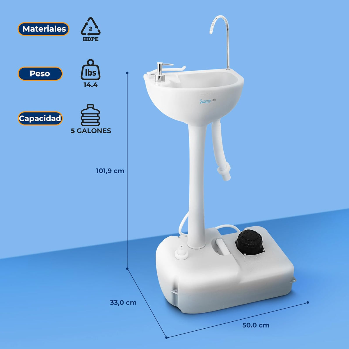 SereneLife Lavabo Portátil Fregadero para Camping con Tanque de Agua de 19L, Bomba de Pie, Dispensa Jabón y Soporte para Toallas, Compacto con Asa para Transportar, Ideal Actividades al Aire Libre