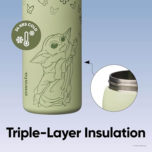 Owala Star Wars FreeSip - Botella de agua aislada de acero inoxidable con popote para deportes, viajes y escuela, botella de agua deportiva sin BPA, 32 onzas, GroGu