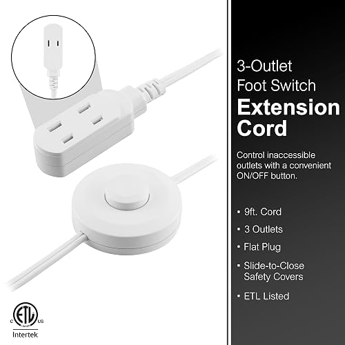 GE Cable de extensión de 3 salidas con interruptor de encendido/apagado, perfecto para lámparas, luces navideñas y festivas, 9 pies, color blanco, 42803