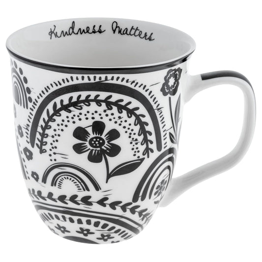 Karma Gifts - Taza bohemia de 16 onzas en blanco y negro - Bonita taza de café y té, tazas de café de cerámica para mujeres y hombres, 4.25 x 3.75 pulgadas