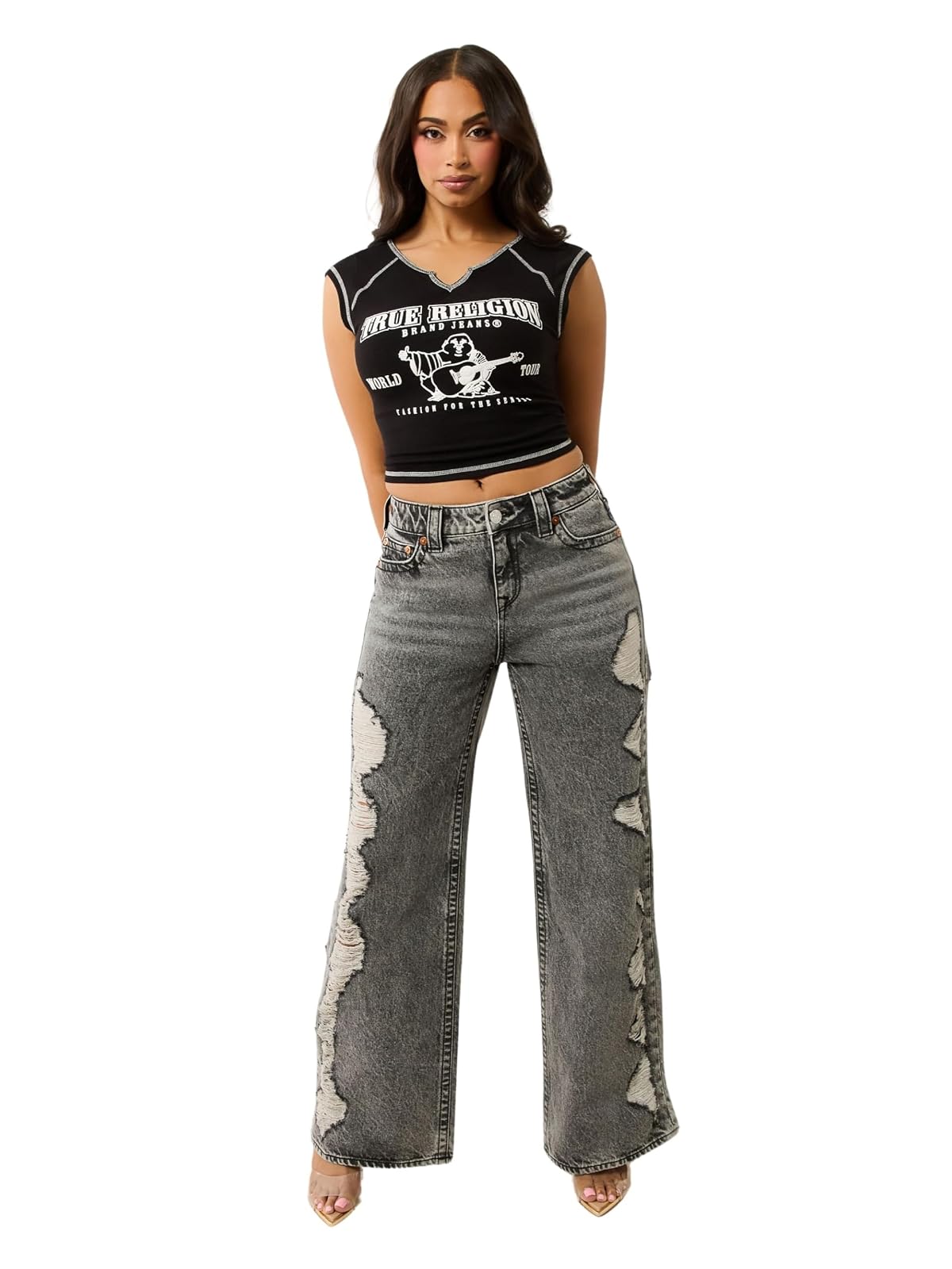 True Religion SRS - Playera Casual con Cuello Redondo para Mujer