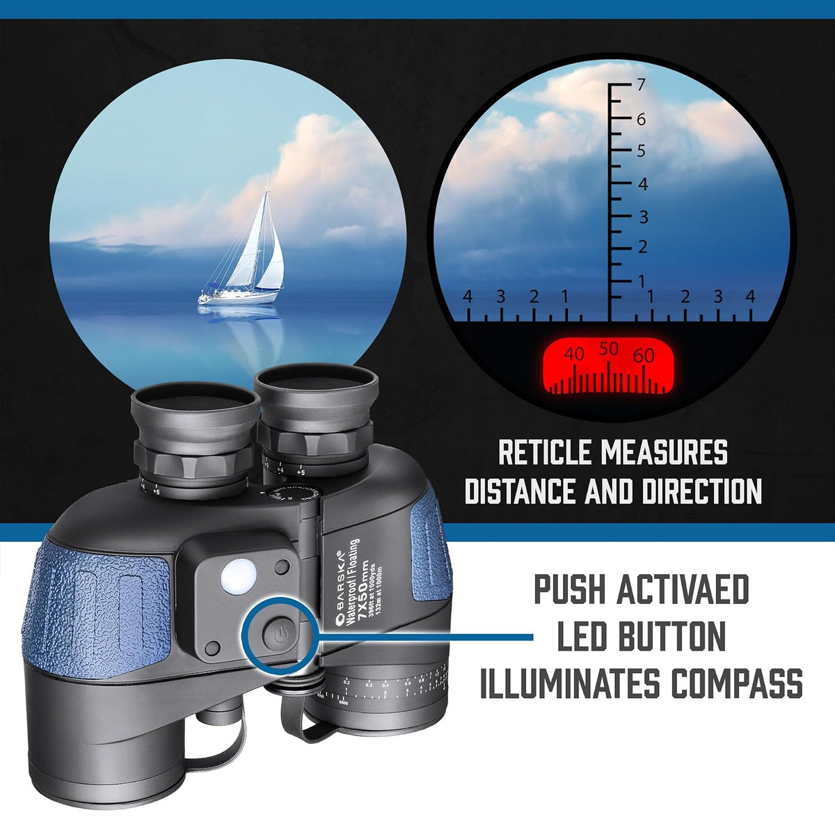 Barska AB10798 Deep Sea 7x50 Waterproof Floating Binocular with Internal Rangefinder & Compass