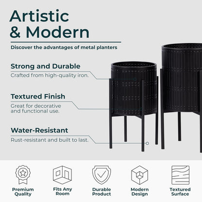 Sagebrook Home Juego de 2 Modernas macetas de Metal Negro con Soportes Soportes Decorativos para Interiores y Exteriores Elegantes macetas Altas para el hogar y el Patio de 19 y 23 Pulgadas