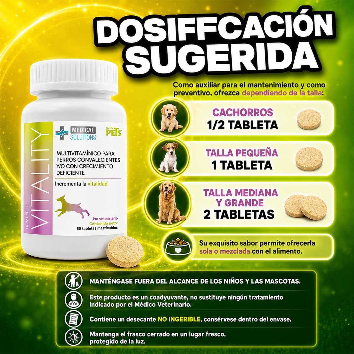 Fancy Pets Medical Solutions Complete Vitality Suplemento Alimenticio para Perros con Vitaminas Minerales L Taurina y L Metionina 60 Tabletas Masticables