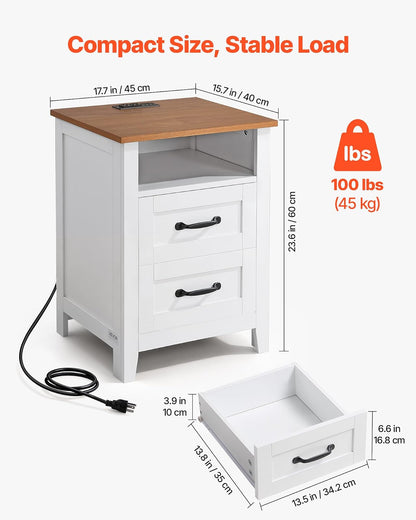 VEVOR Mesita de noche rústica con estación de carga, mesa auxiliar con 2 cajones y estante abierto, mueble de almacenamiento, mesa auxiliar rústica con puerto USB y tomas de CA, para dormitorio y sala