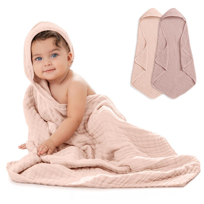 Comfy Cubs Toallas con Capucha para Bebé 2 Pzas, Grandes 81 x 81 cm – 6 Capas de Algodón Muselina 100% – Suaves y Absorbentes para Bebés, Niños y Niñas – Unisex Malva y Rubor