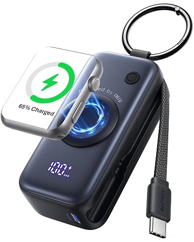 INIU Cargador portátil 3 en 1, pequeño Banco de energía de 5000 mAh con Cable USB C Incorporado y Cargador de Reloj, Paquete de batería de Carga rápida PD de 20 W, Cargador de Viaje para iPhone 16 15