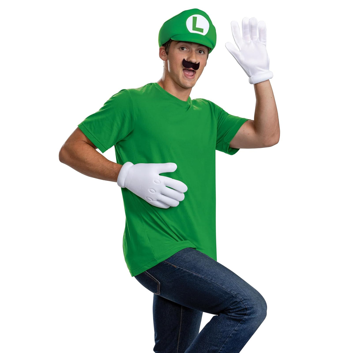 Disguise Luigi - Kit de disfraz oficial de Nintendo Super Mario Halloween accesorios incluyendo sombrero con bigote y guantes, tamaño adulto