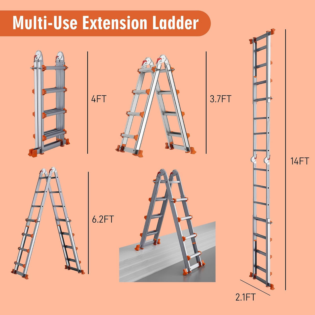 Escalera telescópica con Marco en A de 14 pies con Barra estabilizadora, Escalera de extensión Plegable de Aluminio de 4 escalones, compacta y Ahorra Espacio para Trabajo doméstico o al Aire última