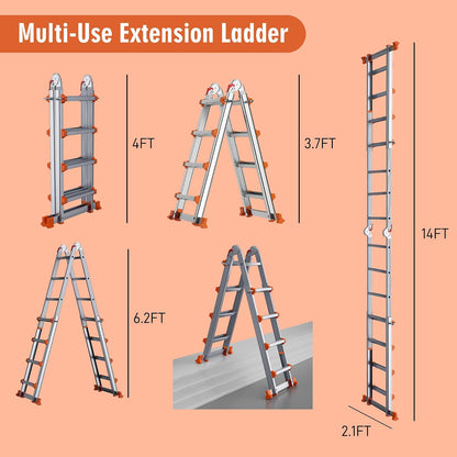 Escalera telescópica con Marco en A de 14 pies con Barra estabilizadora, Escalera de extensión Plegable de Aluminio de 4 escalones, compacta y Ahorra Espacio para Trabajo doméstico o al Aire última