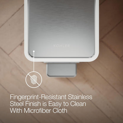 Kohler 20957-STW Bote de basura delgado de 2.5 galones, cubeta de basura para baño con pedal de cierre suave, color blanco con acero inoxidable