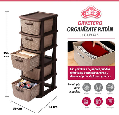 Guateplast Cajonera Organizadora 5 Gavetas Ratán Beige | Grande, textura ratán, plástico resistente, multiuso, 36×45×104 cm