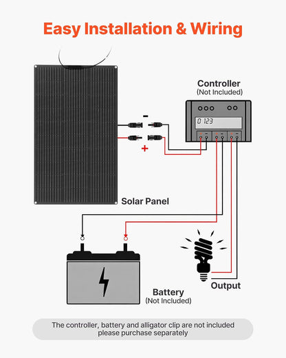 VEVOR Panel Solar Flexible Monocristalino de 100 W, Cargador Monofásico Fuera de Red con Eficiencia del 23% y Salida MC4, para Superficies Curvas de Cabinas de Vehículos Recreativos y Marinos