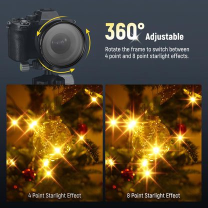 NEEWER - Filtro de Estrella Ajustable de 58 mm de 4/8 Puntos, visualización Cruzada giratoria multirevestimiento, Filtro de Lente de cámara, Marco de Metal Delgado y 3 paños de Limpieza para