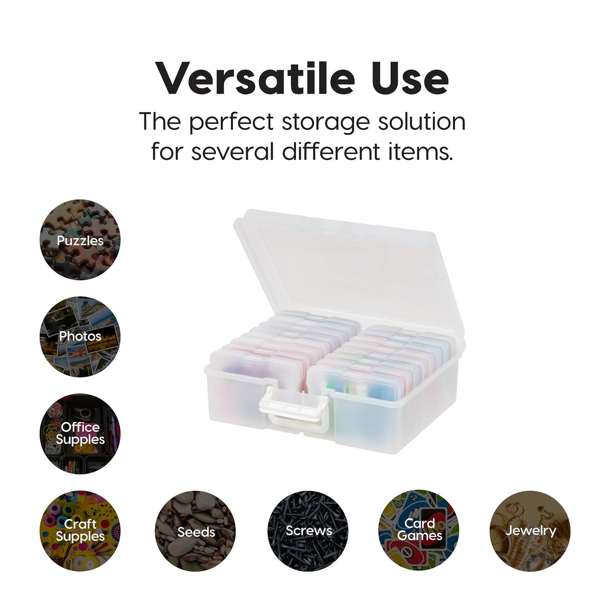 IRIS USA Caja Organizadora para Fotos, 16 Estuches, 2 Piezas, Perla | Compatible con fotos 4"x6", asa integrada, organizador para tareas, calcomanías, recortes y tarjetas didácticas