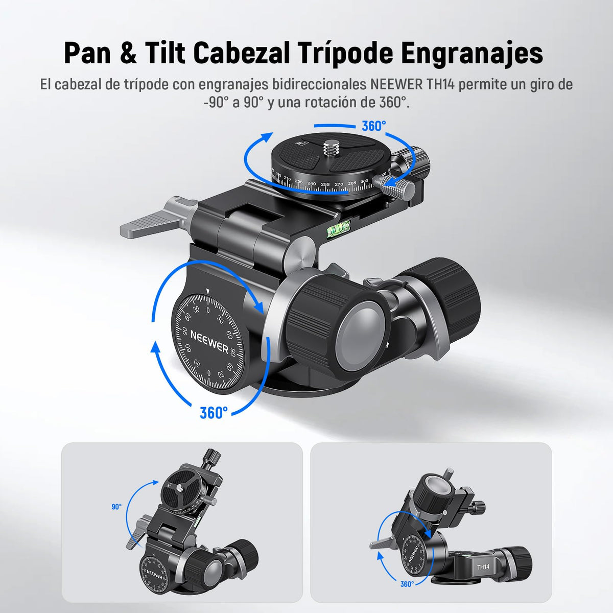 NEEWER Cabezal Trípode con Engranaje Bidireccional Microajuste Milimétrico Pan Tilt Head Aleación Aluminio, 360° Placa Panorámica Arca QR Compatible con Sony Canon Nikon DSLR, Carga Máx 13.2lb, TH14