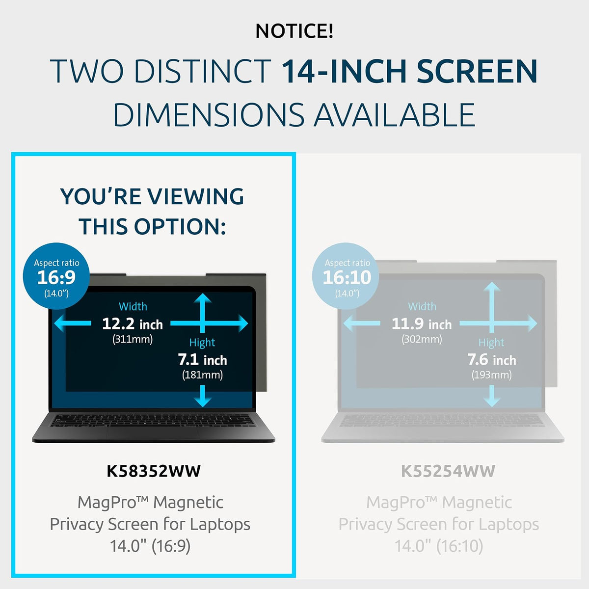 Kensington MagPro™ - visualización magnética de privacidad para portátil de 14 Pulgadas, Filtro de privacidad extraíble para portátil 16:9, antirreflejos, reducción de Rayos Azules, Compatible con