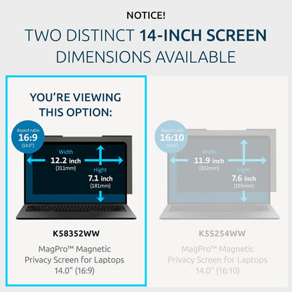 Kensington MagPro™ - visualización magnética de privacidad para portátil de 14 Pulgadas, Filtro de privacidad extraíble para portátil 16:9, antirreflejos, reducción de Rayos Azules, Compatible con