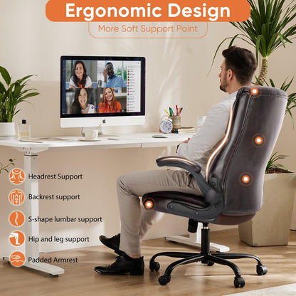Sweetcrispy - Silla ergonómica para Juegos de computadora, Respaldo Alto, sillas de Oficina con Ruedas, Brazos abatibles, Altura Ajustable, Piel sintética, café Oscuro