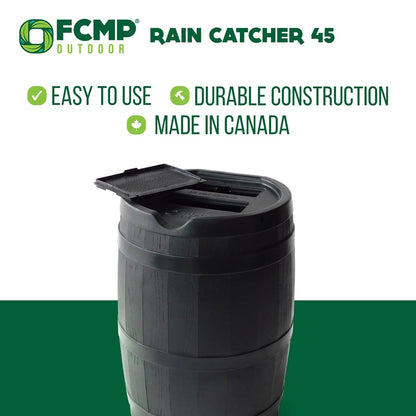 FCMP RC45-BLK - Barril de lluvia para exteriores (45 galones), barril de agua con parte trasera plana para regar plantas al aire última intervensión, jardines y paisajes, color negro