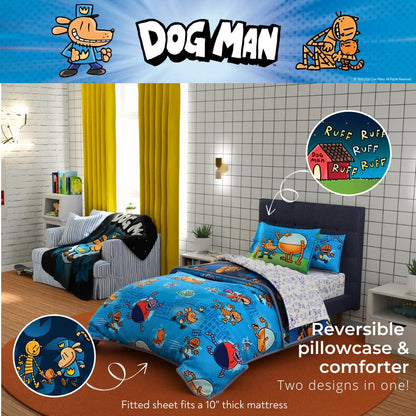 Franco Dog Man Supa Book - Juego de Ropa de Cama para niños, súper Suave y acogedora, edredón y sábanas de Microfibra Reversible con Funda, 5 Piezas tamaño Individual, (Producto con Licencia Oficial)