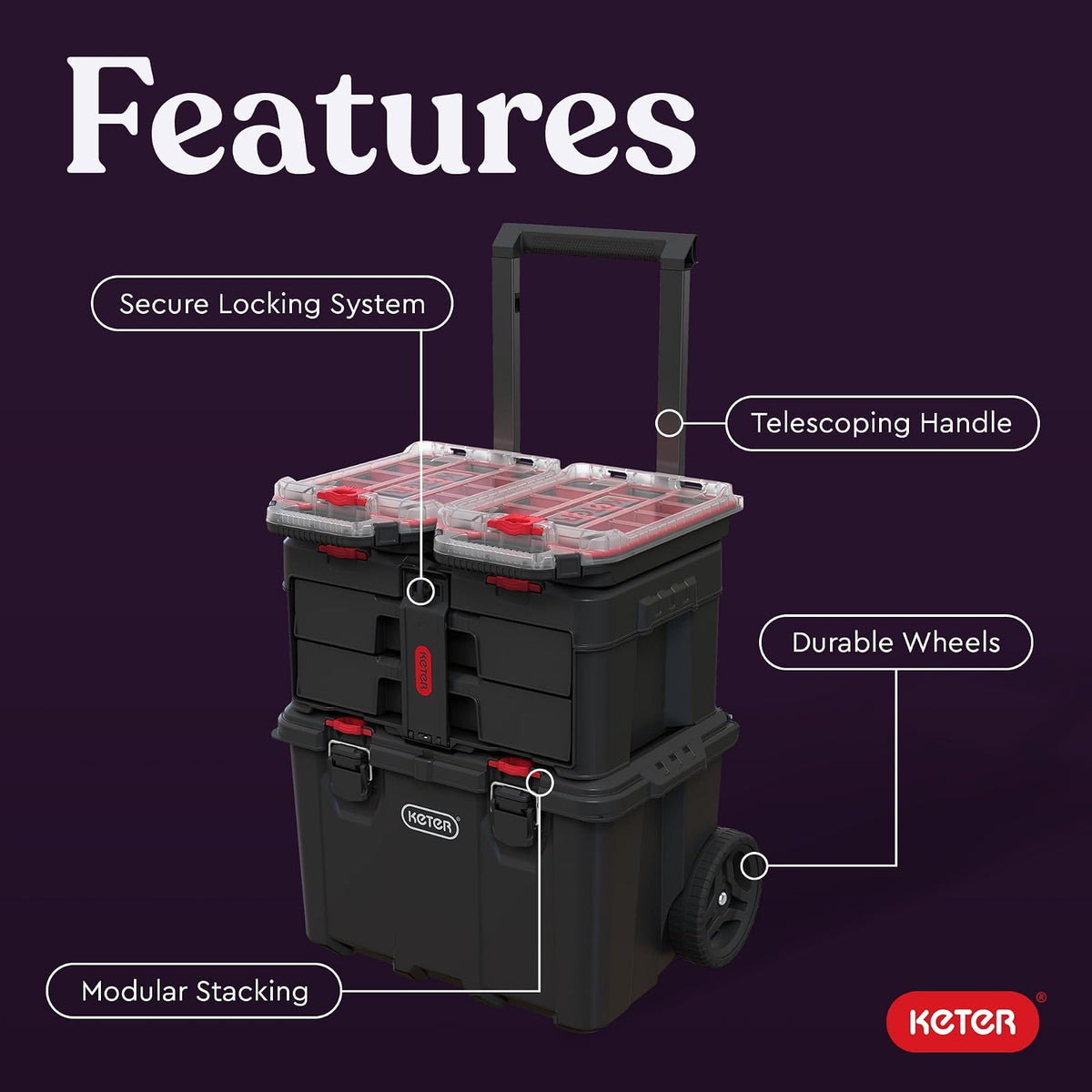Keter Stack-n-Roll Organizador de herramientas modulares para almacenamiento de cochera y bricolaje, sistema de caja de herramientas de resina para piezas pequeñas, color negro