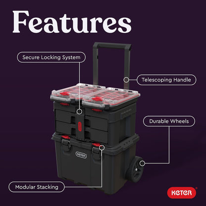 Keter Stack-n-Roll Organizador de herramientas modulares para almacenamiento de cochera y bricolaje, sistema de caja de herramientas de resina para piezas pequeñas, color negro
