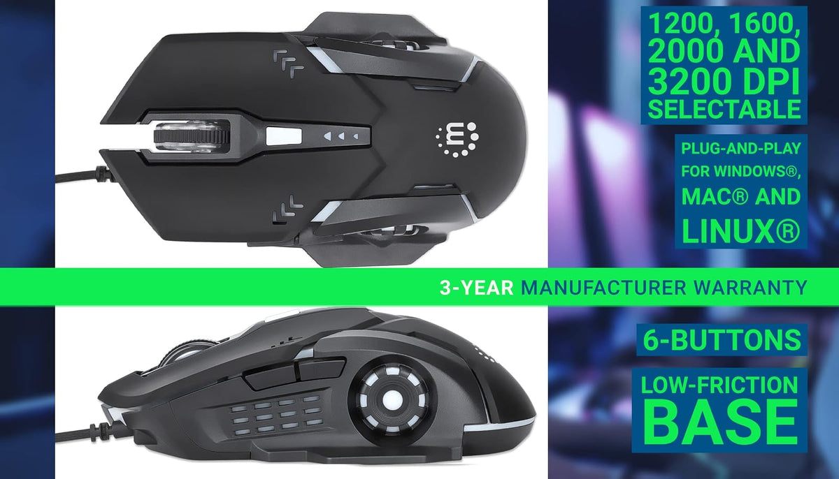 Manhattan 179256 Mouse Óptico Gaming, conexión por Cable USB-A, con Seis Botones Incluyendo botón dpi, diseño ambidiestro para Jugadores Zurdos y diestros, iluminación LED de Colores, Color Negro
