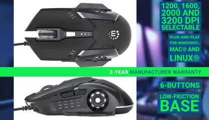 Manhattan 179256 Mouse Óptico Gaming, conexión por Cable USB-A, con Seis Botones Incluyendo botón dpi, diseño ambidiestro para Jugadores Zurdos y diestros, iluminación LED de Colores, Color Negro