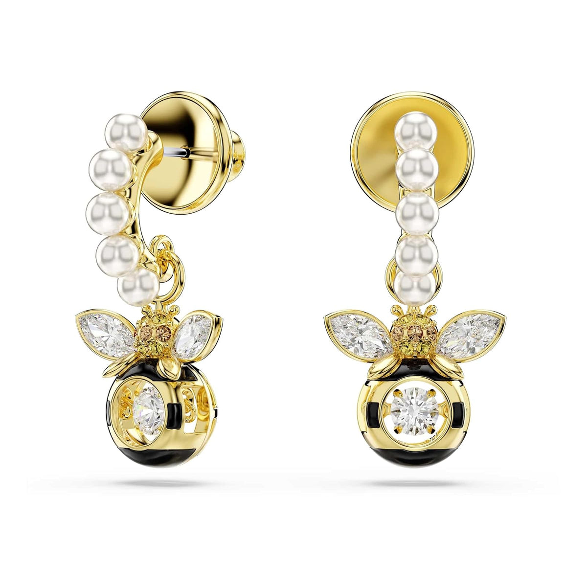arete Swarovski Idyllia, perlas de vidrio, cortes mixtos, abeja, multicolor, baño dorado