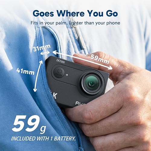 AKASO EK7000 Cámara Deportiva 4K WiFi 20MP Cámara de Acción, Negro | Camara Acuatica Sumergible con 170° Gran Ángulo, HD, 2 baterías, Kit de Accesorios, para Deportes al aire libre/a diario