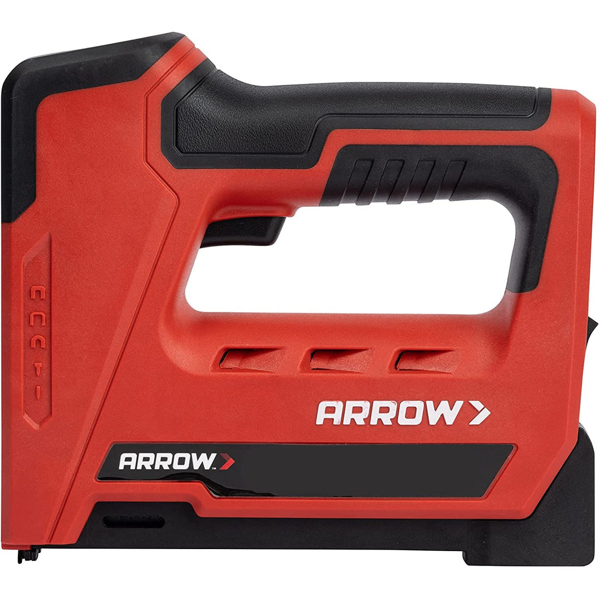 Arrow ET501C - Pistola profesional inalámbrica 5 en 1 para grapas y uñas, grapadora de alambre con pilas y clavadora para tapicería, enmarcado, techos, manualidades, valla, cable, negro/rojo