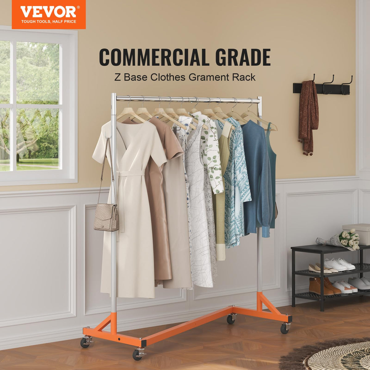 VEVOR Perchero Burro para Ropa en Z 60 x 159 x 180 cm Perchero Resistente con 4 Ruedas, Acero Inoxidable, Capacidad de 80 kg, Perchero Comercial con Base en Forma de Z con 2 Ganchos, Color Naranja