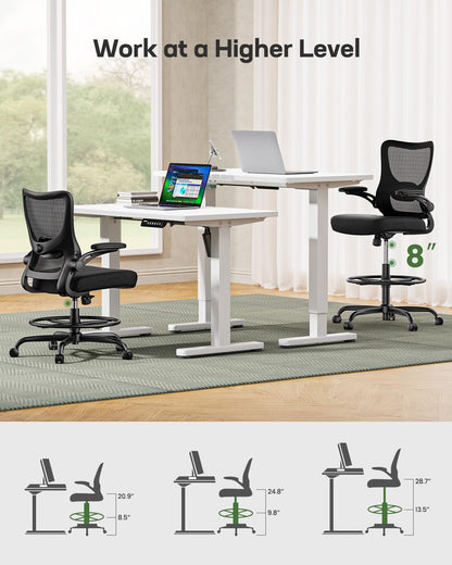 Marsail - Silla de Dibujo, Silla de Oficina Alta con Soporte Lumbar 2D, Silla de computadora de pie con reposabrazos abatibles Acolchados y Anillo de reposapiés Ajustable, Color Negro