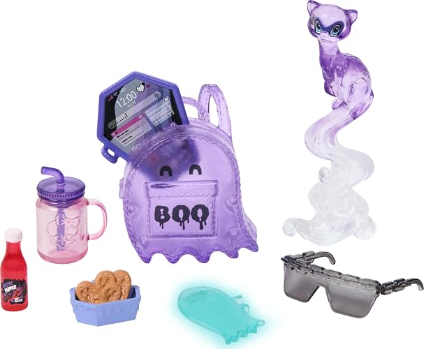 Monster High Muñeca Spectra para niñas de 4 años en adelante | Ghost in Purple Clothes, incluye Pet Ferret Rhuen, 7 accesorios como mochila, tableta, aperitivos y más